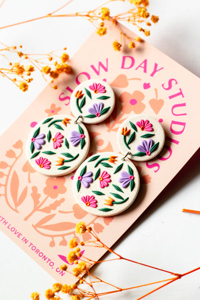 Slow Day Studios - Polymer Clay Floral Statement Dangles Off White