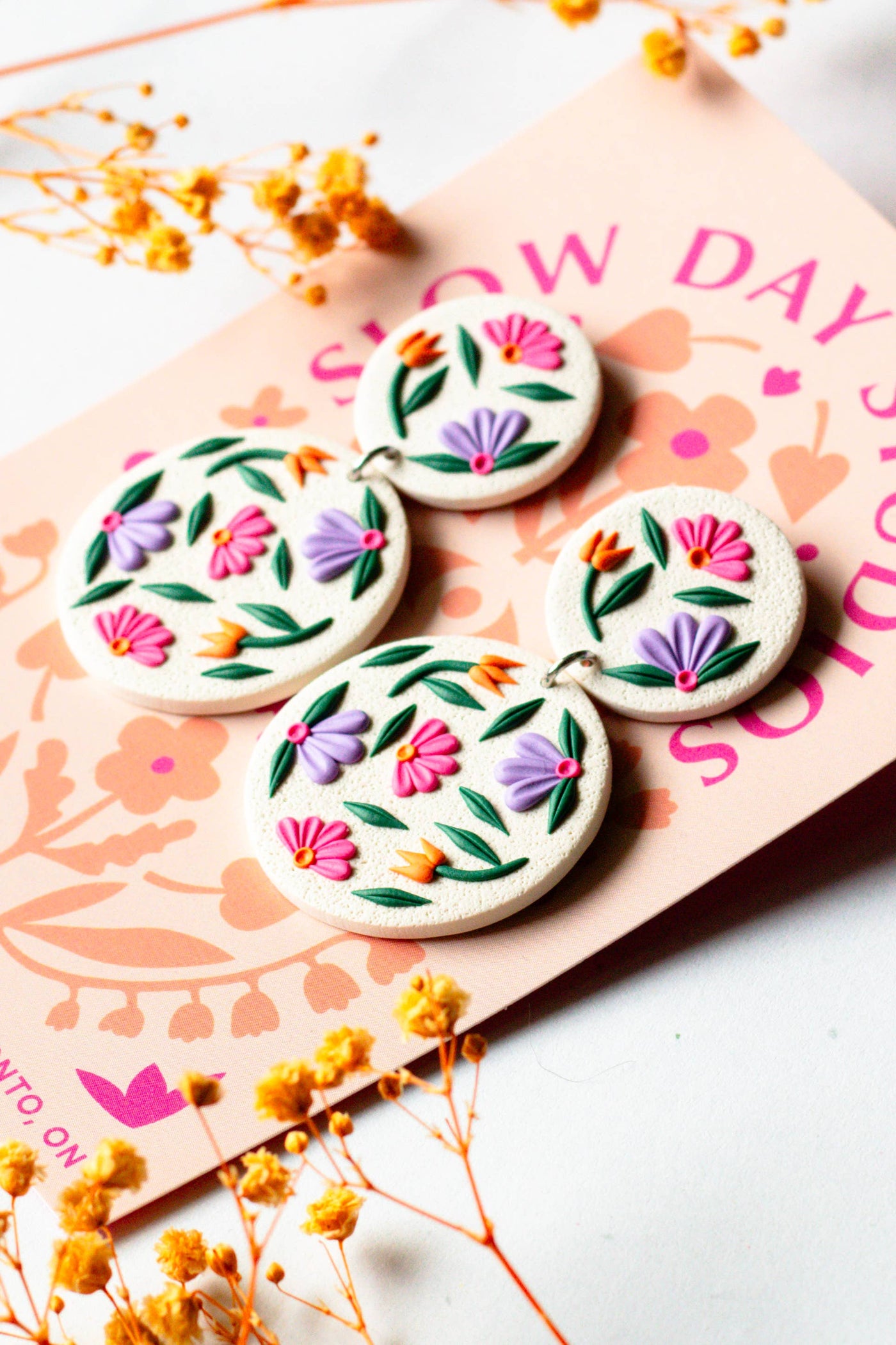 Slow Day Studios - Polymer Clay Floral Statement Dangles Off White