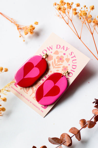 Valentines Day Heart Design Dangle Earrings - Pink And Red