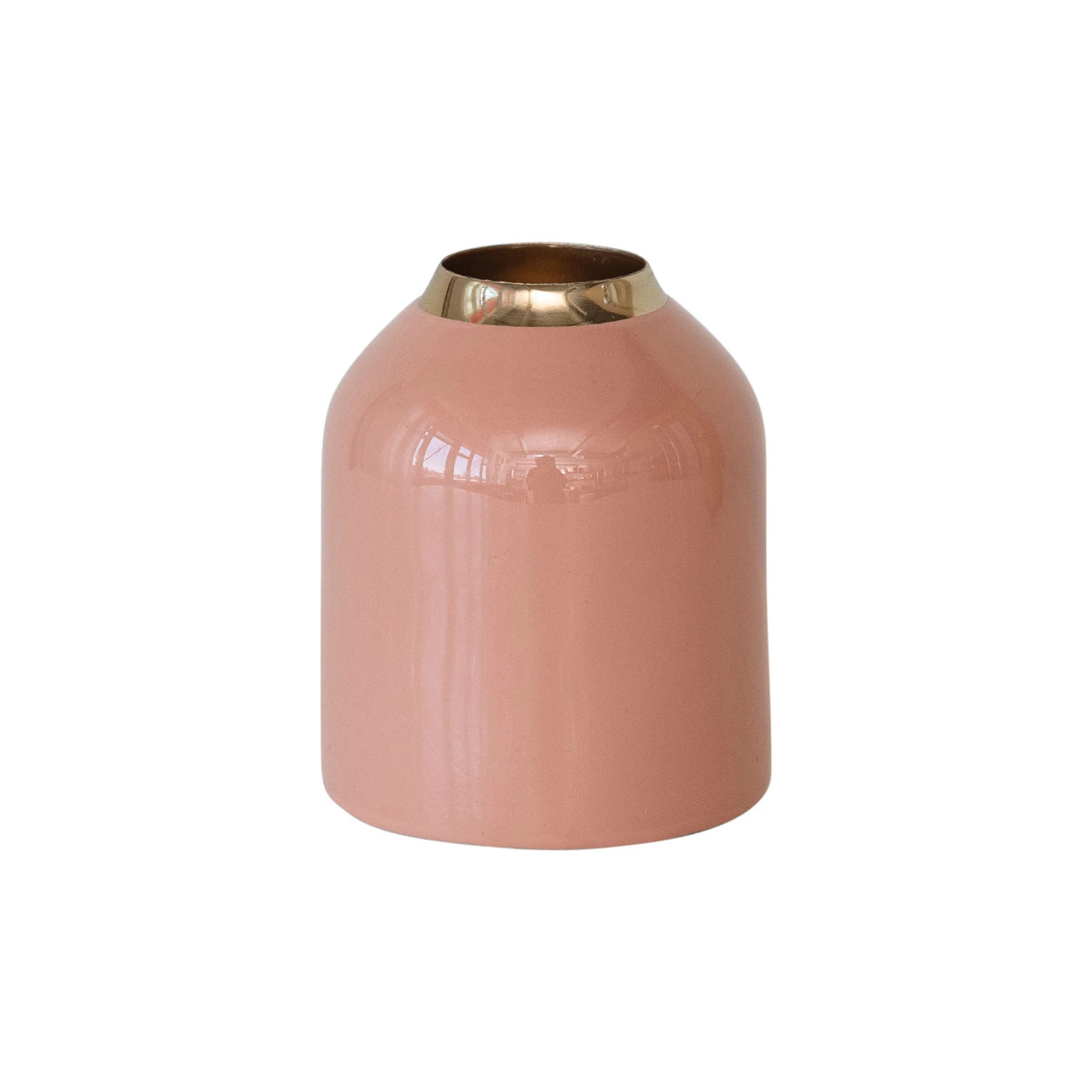 Enameled Metal Vase, Pink & Brass Finish