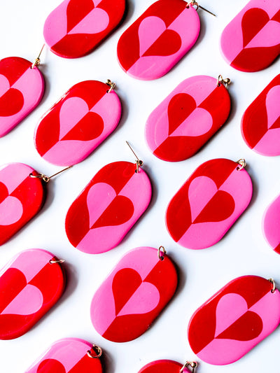 Valentines Day Heart Design Dangle Earrings - Pink And Red