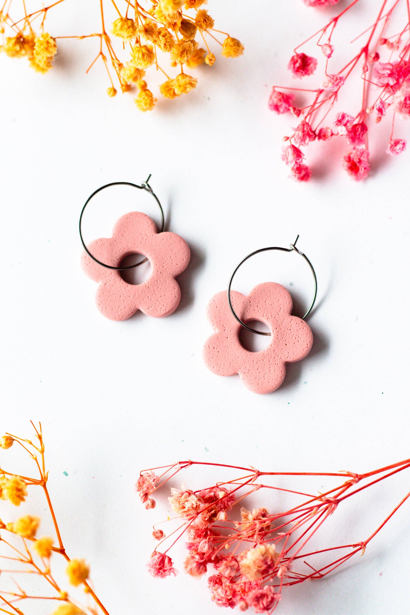 Slow Day Studios - Vintage Pink Spring Flower Polymer Clay Textured Hoops