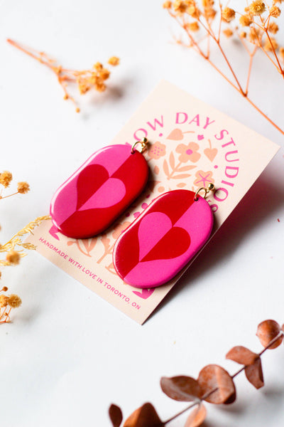 Valentines Day Heart Design Dangle Earrings - Pink And Red