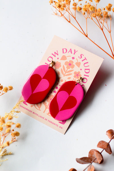 Valentines Day Heart Design Dangle Earrings - Pink And Red