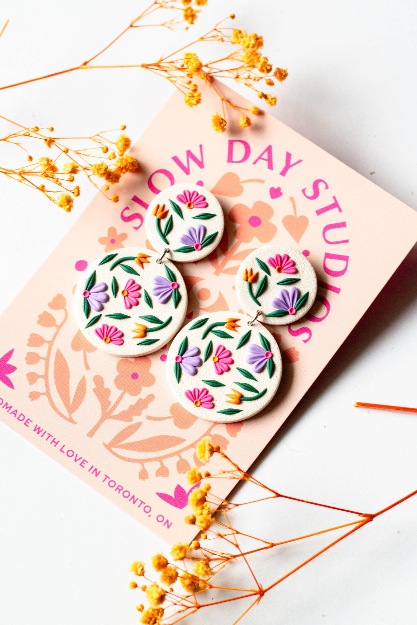 Slow Day Studios - Polymer Clay Floral Statement Dangles Off White