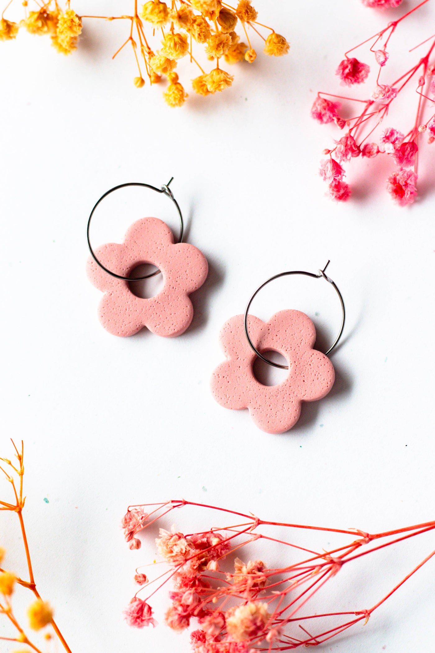 Slow Day Studios - Vintage Pink Spring Flower Polymer Clay Textured Hoops