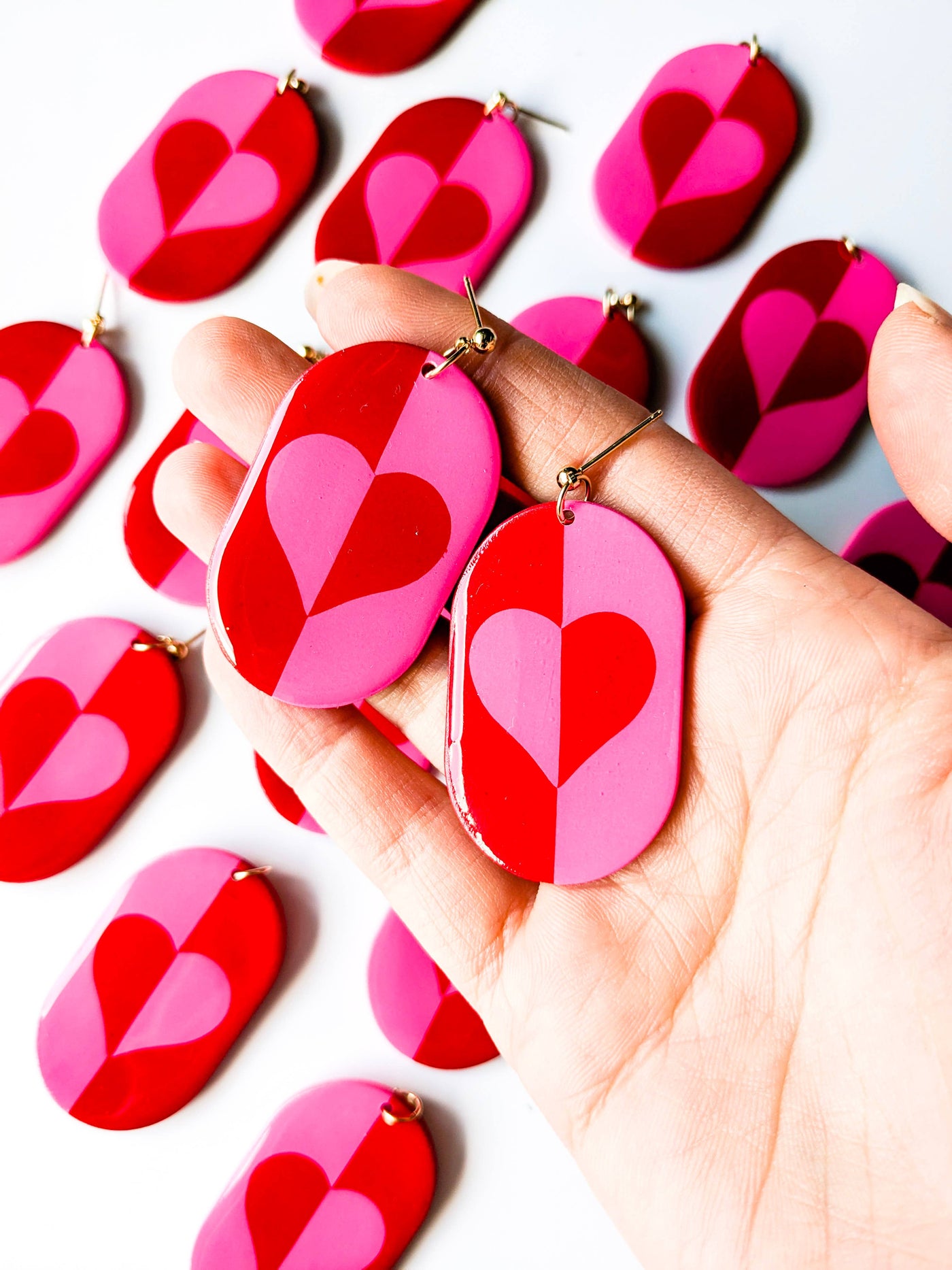 Valentines Day Heart Design Dangle Earrings - Pink And Red